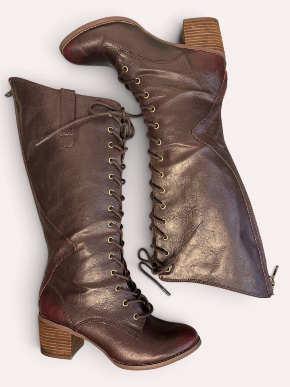 Lace-Up Knee High Leather Boots - Dark Brown W/Easy Zipper Closure
Size9 - Picture 4 of 9